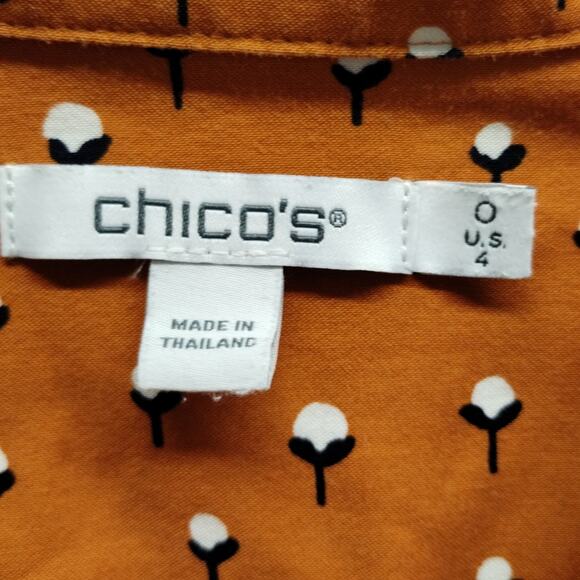 Chico's Size Small (0) US 4 Orange Button Up 3/4 Sleeves Cotton Plant Shirt - Picture 6 of 7